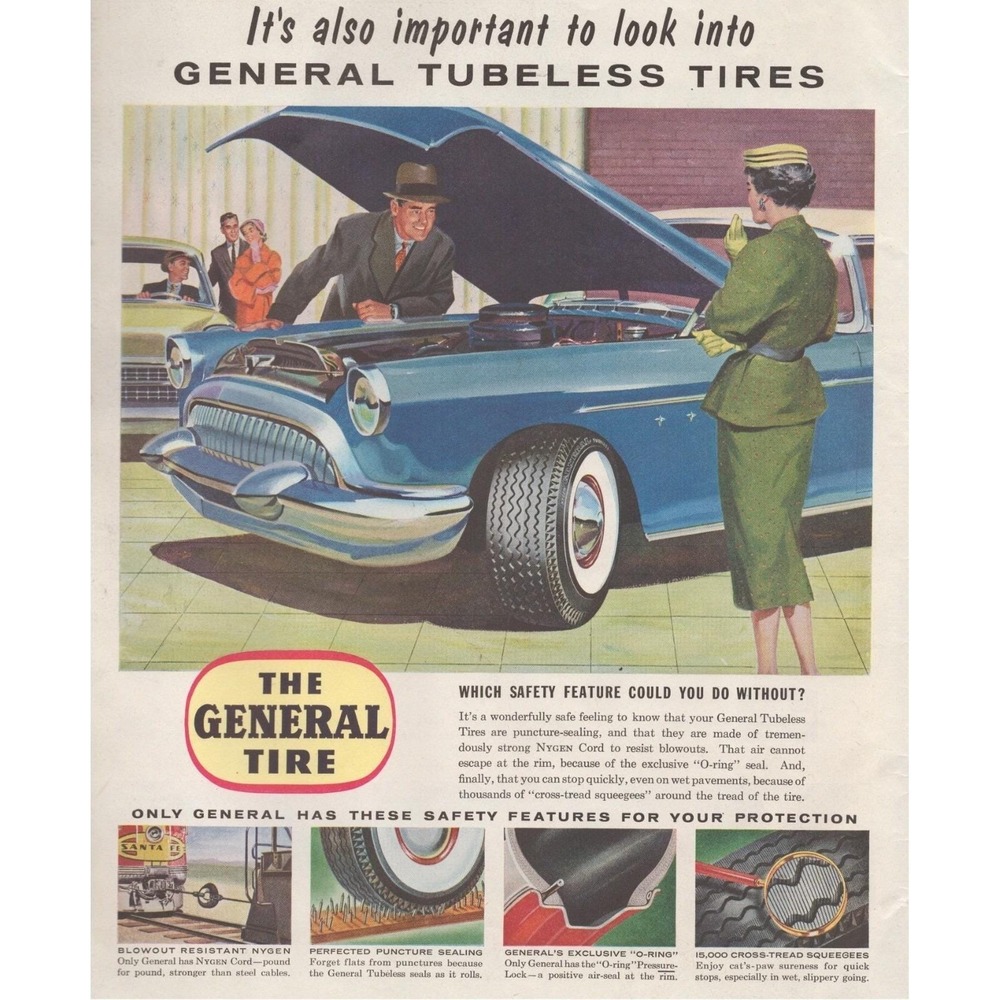 1955 General Tubeless Tires Vintage Print Ad Safety Features For Protection MCM